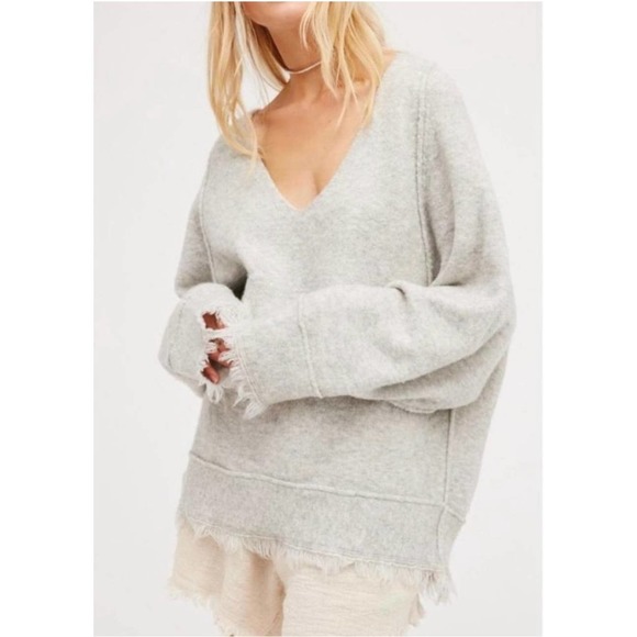 Free People Sweaters - Free People Irresistible V-Neck Sweater Wool Blend Fringe Trim Oversized Gray